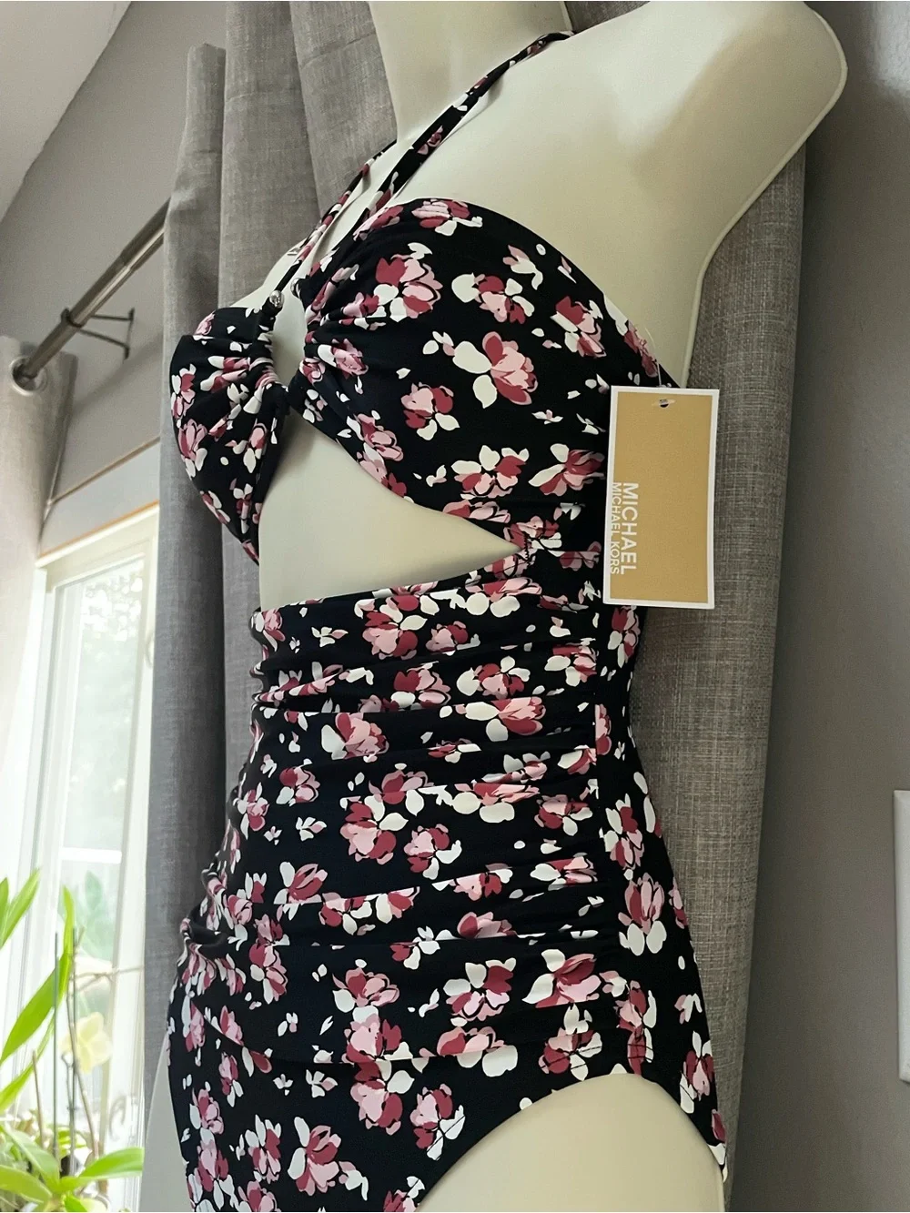 Michael Kors Black Floral Cutout One-Piece Swimsuit with Pink Accents